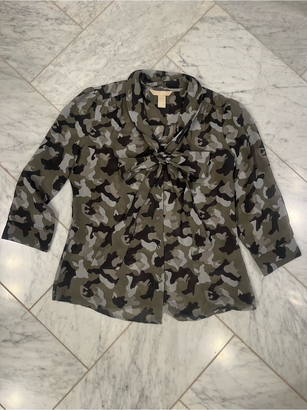 Banana Republic Factory Olive, Black & Gray Camo Bow-Tie Blouse